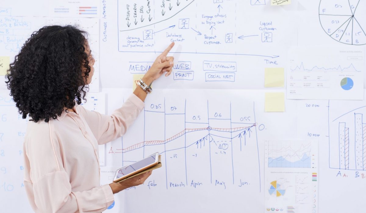 Business trainer explainig strategy of development